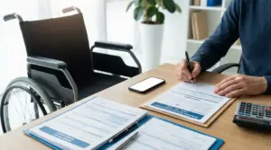 Persona compila moduli su un tavolo accanto a una sedia a rotelle