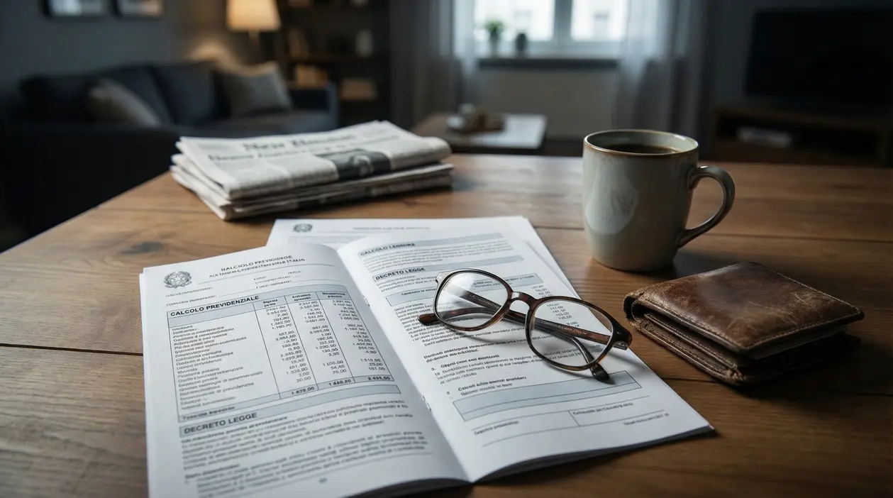 Documenti previdenziali su un tavolo con occhiali, portafoglio e tazza di caffè