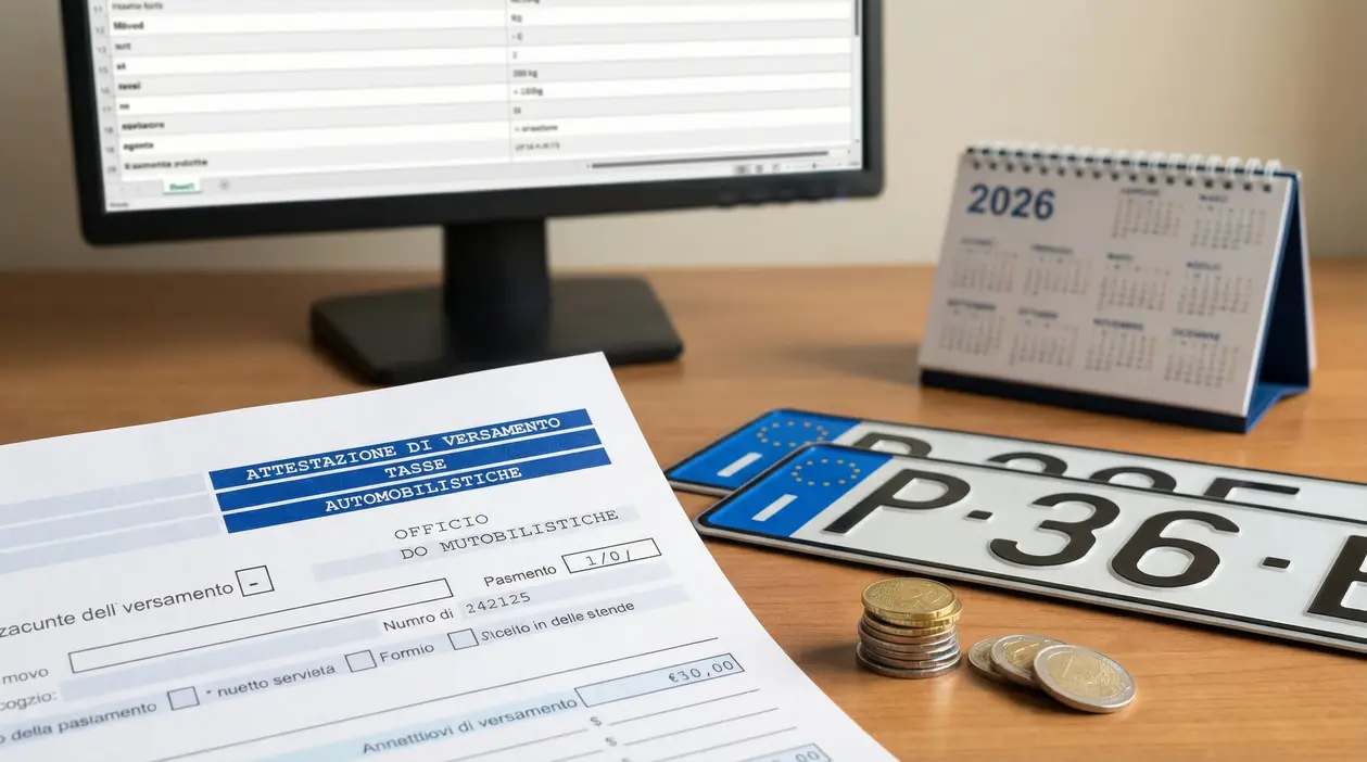 Documenti per il pagamento del bollo auto con targhe, monete, calendario 2026 e computer su una scrivania