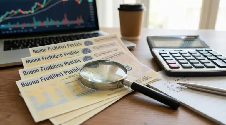Buoni fruttiferi postali su una scrivania con lente, calcolatrice e computer