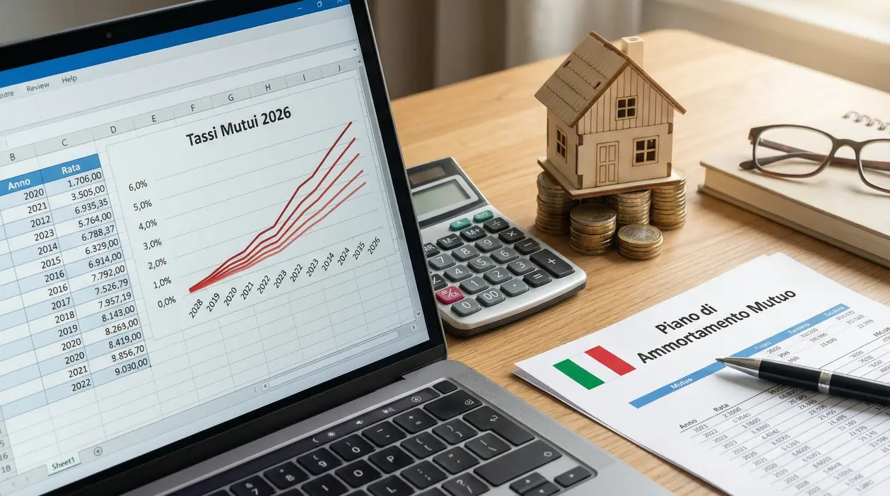 Grafico dei tassi mutui su un laptop accanto a calcolatrice, modello di casa e documento con piano di ammortamento