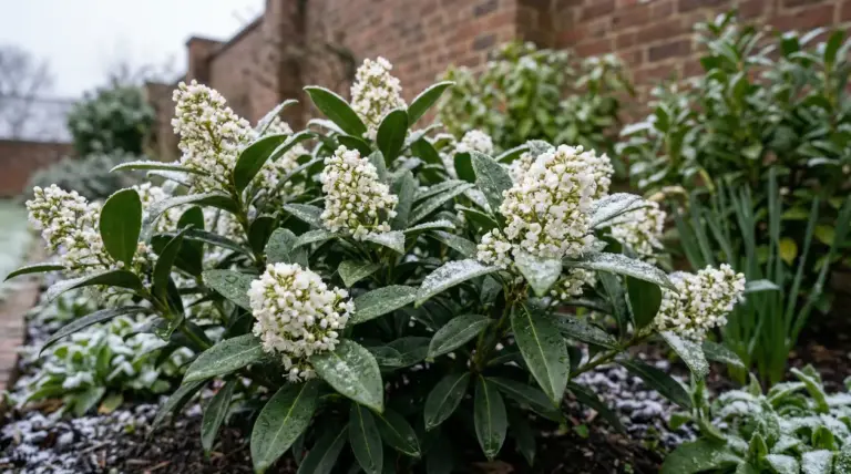 Arbusto con fiori bianchi resistenti al freddo in un giardino innevato