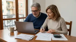 Due persone mature consultano documenti e lavorano al computer a un tavolo.