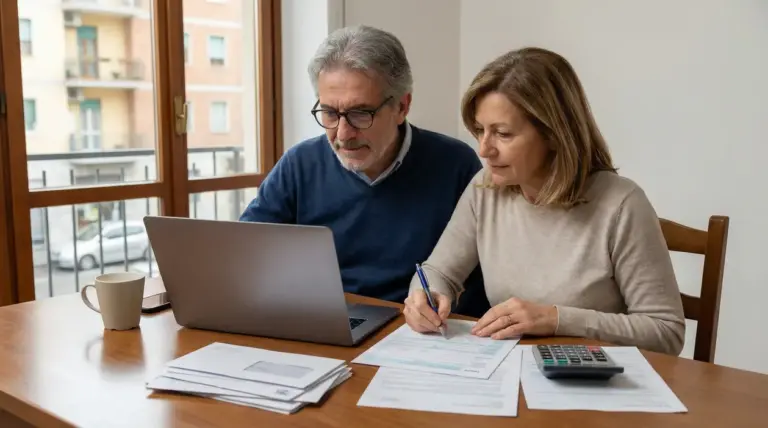 Due persone mature consultano documenti e lavorano al computer a un tavolo.