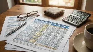 Documenti con tabelle pensionistiche 2026 su una scrivania con calcolatrice, occhiali e tazza di caffè