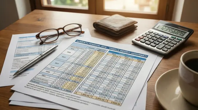 Documenti con tabelle pensionistiche 2026 su una scrivania con calcolatrice, occhiali e tazza di caffè