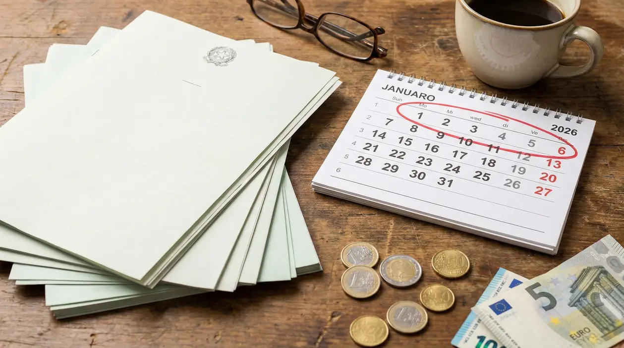 Calendario del gennaio 2026 con monete, banconote e documenti su un tavolo in legno