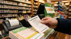 Una mano tiene un biglietto del SuperEnalotto in una ricevitoria
