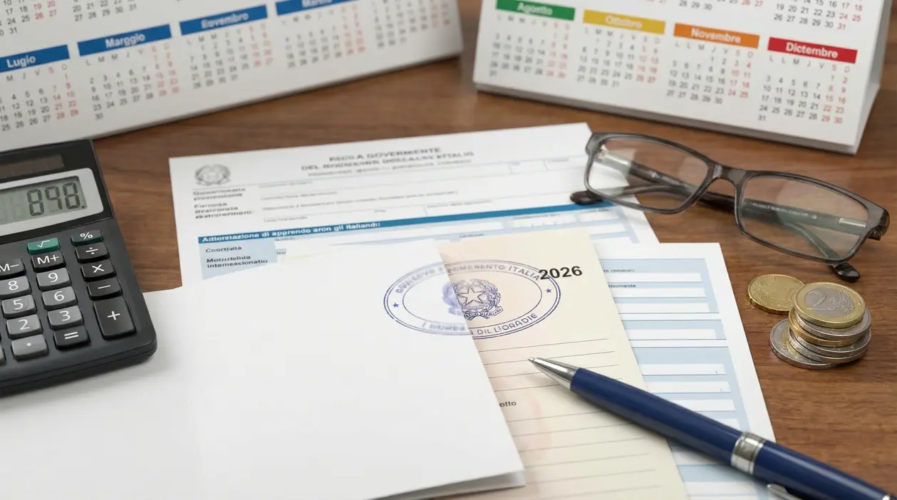 Documenti fiscali, penna, calcolatrice e monete su una scrivania con calendari