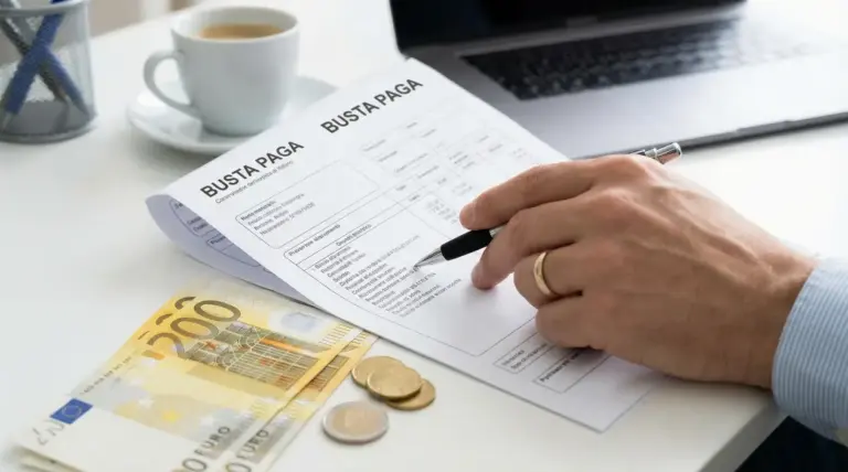 Mano che indica una busta paga accanto a banconote da 200 euro e monete su una scrivania