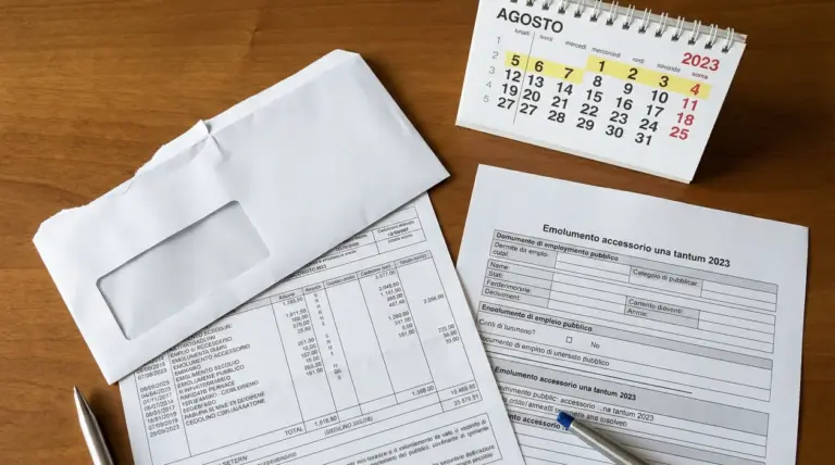 Documenti di busta paga e modulo su una scrivania accanto a un calendario di agosto 2023