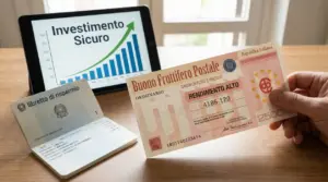 Mano che tiene un buono fruttifero postale accanto a un libretto di risparmio e a un tablet con grafico di crescita