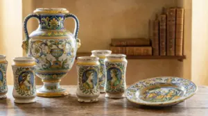 Ceramiche antiche italiane decorate con motivi rinascimentali su un tavolo di legno