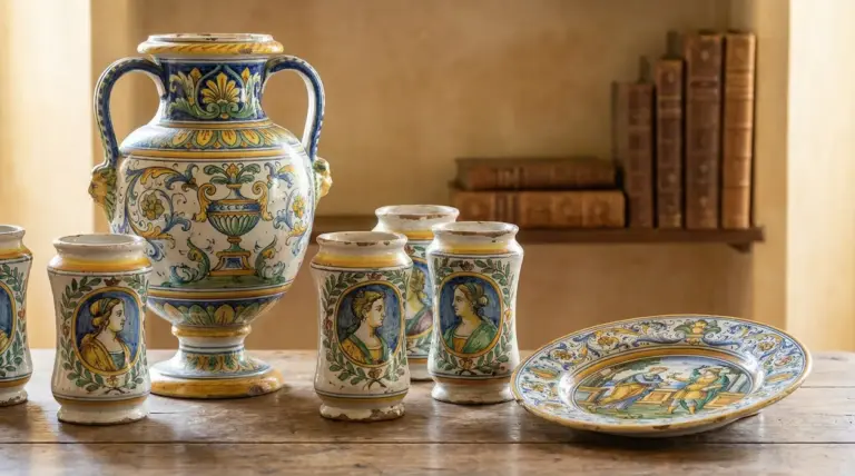 Ceramiche antiche italiane decorate con motivi rinascimentali su un tavolo di legno