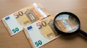 Due banconote da 50 euro su un tavolo con lente d'ingrandimento sopra
