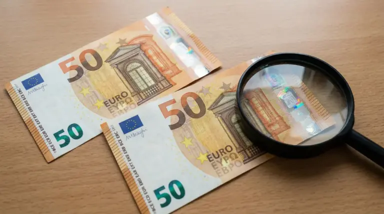 Due banconote da 50 euro su un tavolo con lente d'ingrandimento sopra