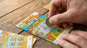 Mano che gratta un biglietto Gratta e Vinci con una moneta su un tavolo di legno