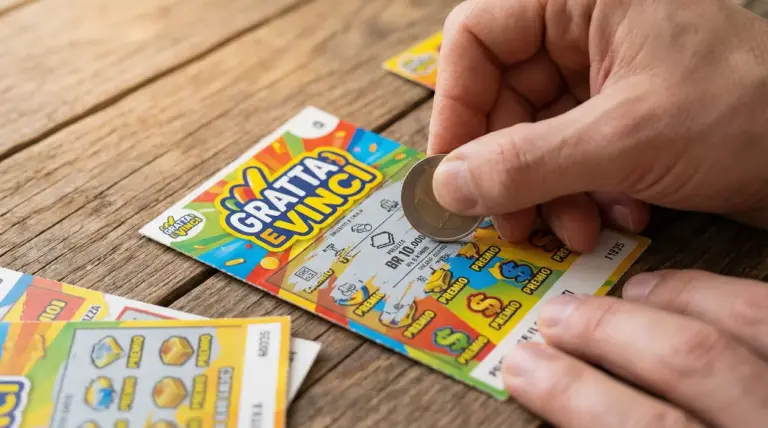 Mano che gratta un biglietto Gratta e Vinci con una moneta su un tavolo di legno