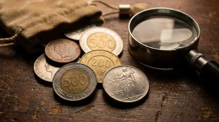 Monete italiane in lire disposte su un tavolo accanto a una lente d'ingrandimento