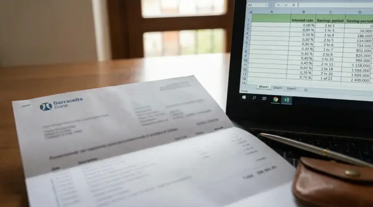 Foglio bancario e computer con tabella di tassi d'interesse su un tavolo