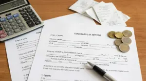 Contratto di affitto su un tavolo con monete, calcolatrice e ricevute