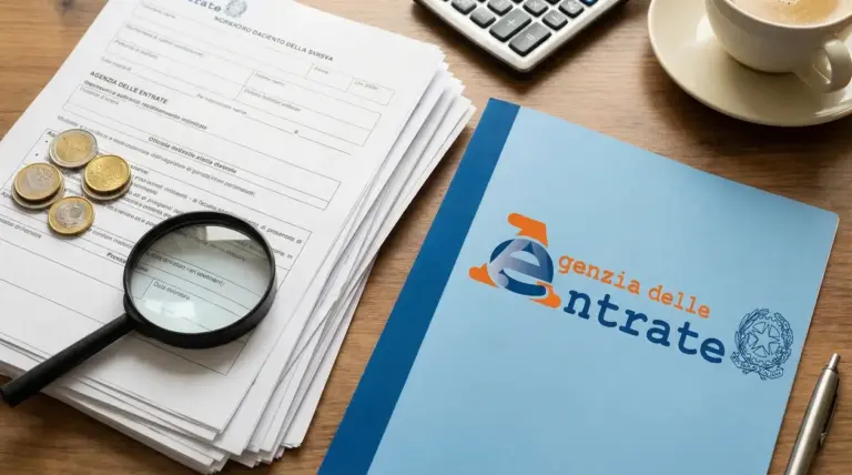 Documenti fiscali con lente d'ingrandimento, monete e cartella dell'Agenzia delle Entrate su scrivania