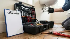 Persona al lavoro sotto un lavabo con attrezzi da idraulico e listino prezzi su una cartelletta