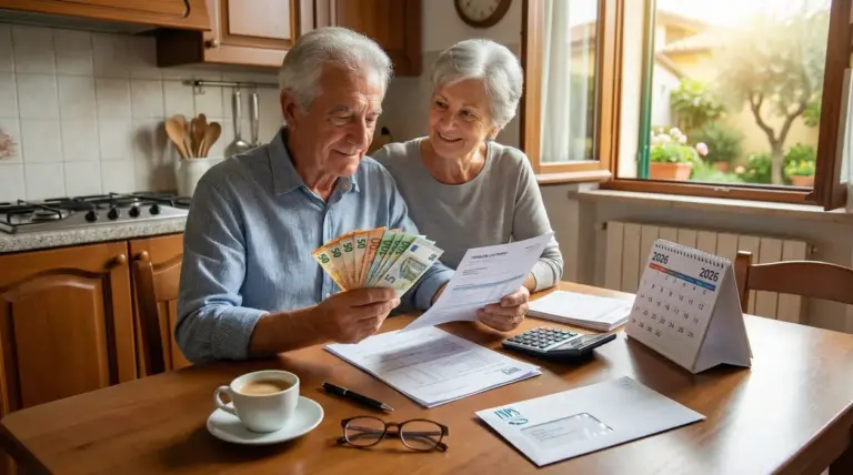 Due persone anziane consultano documenti e tengono delle banconote sedute a un tavolo in cucina.