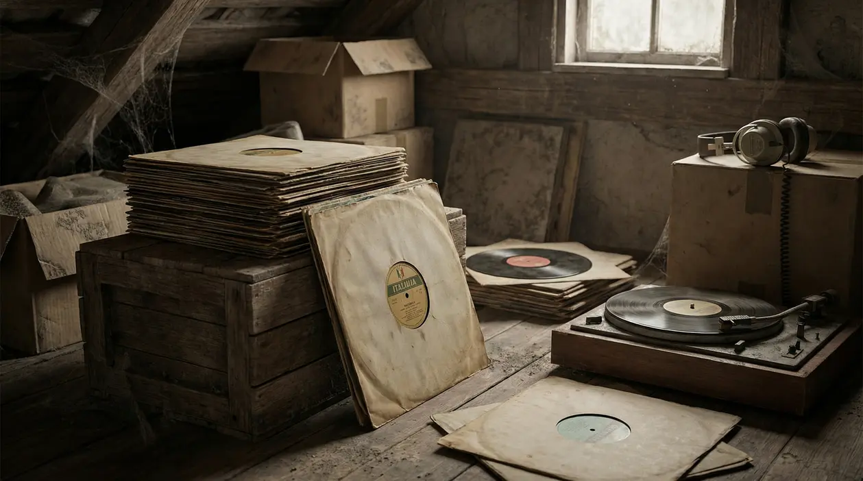 Vecchi dischi in vinile accatastati in una soffitta polverosa con giradischi e scatole di cartone