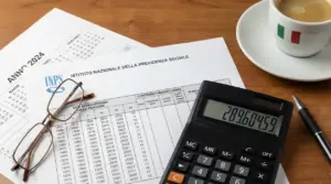 Documenti INPS, calendario, calcolatrice e tazzina di caffè su una scrivania