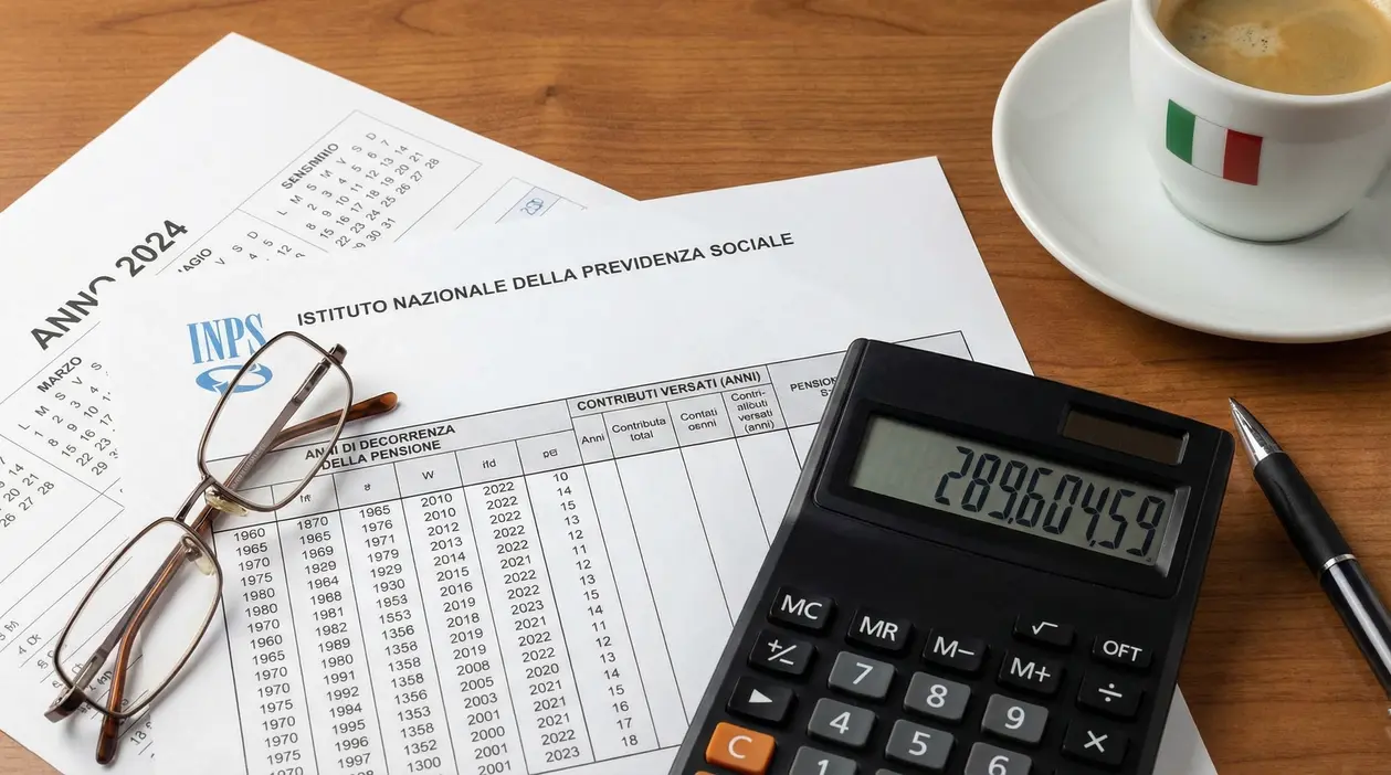 Documenti INPS, calendario, calcolatrice e tazzina di caffè su una scrivania