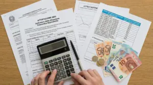 Una persona utilizza una calcolatrice su documenti ISEE con banconote e monete euro.