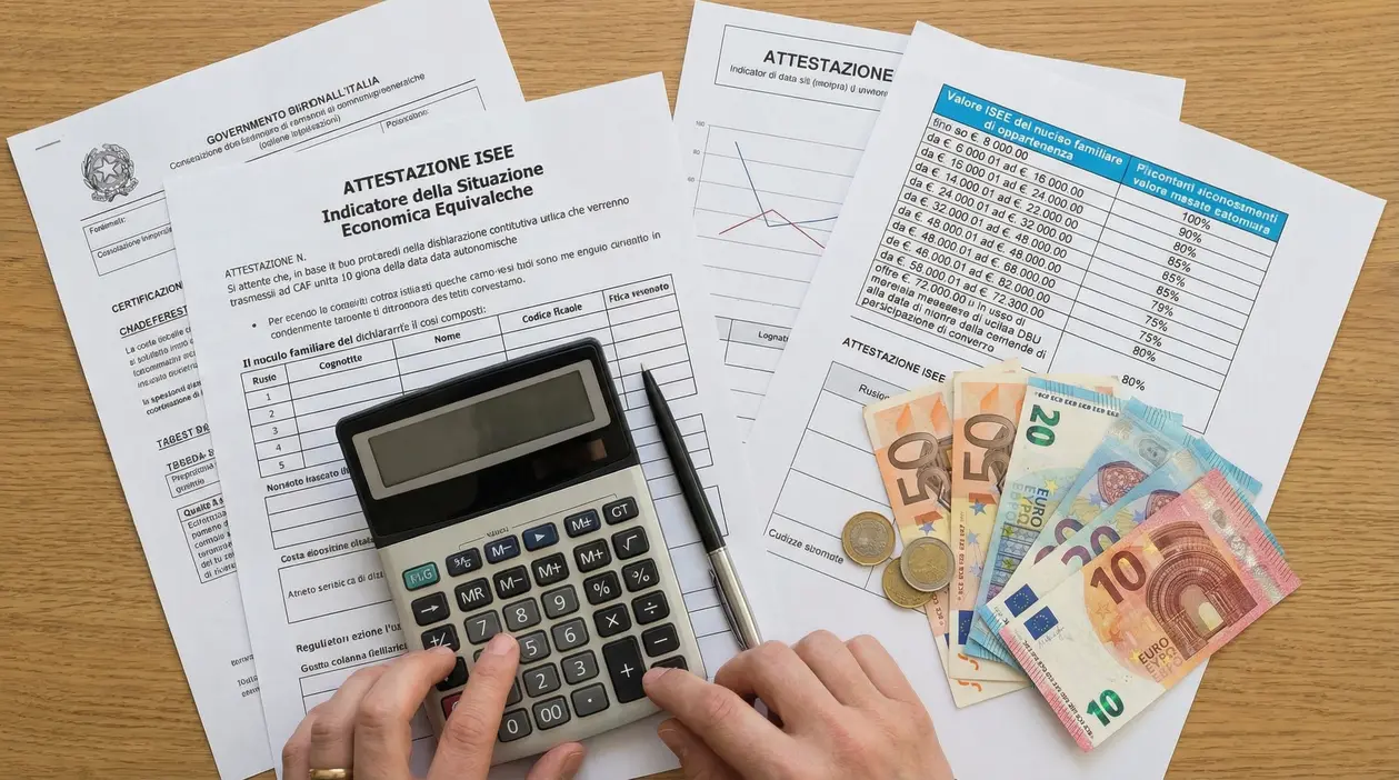 Una persona utilizza una calcolatrice su documenti ISEE con banconote e monete euro.
