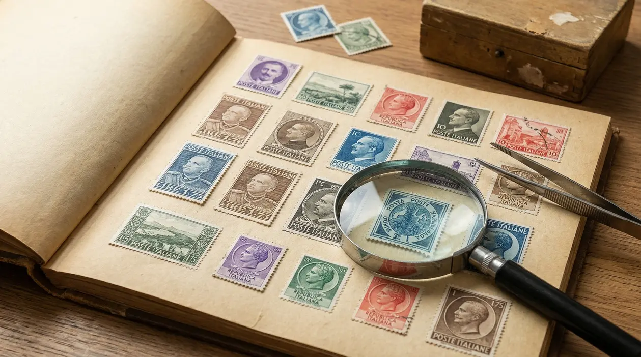 Album di francobolli italiani d'epoca con lente d'ingrandimento e pinzette su un tavolo di legno