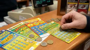 Una mano gratta un biglietto Gratta e Vinci su un bancone con altre schedine e monete.