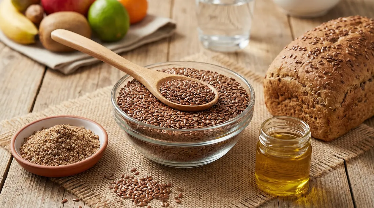 Ciotola di semi di lino con cucchiaio di legno, farina di lino, pane e olio su tavolo rustico