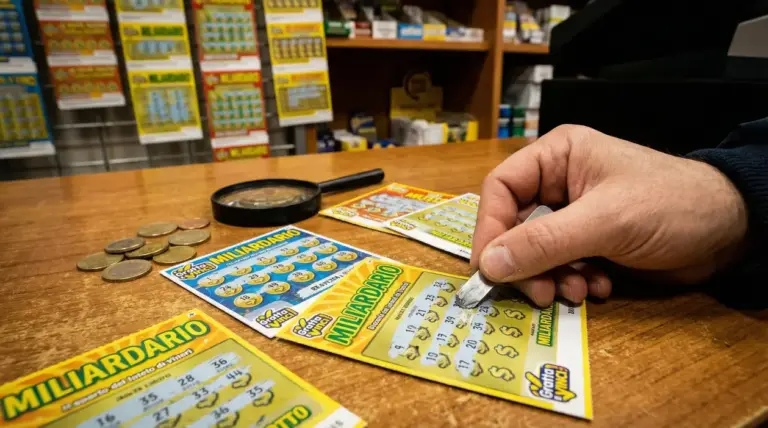 Persona gratta un biglietto Gratta e Vinci su un bancone di una tabaccheria