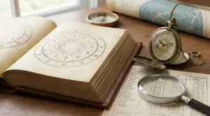 Tabella astrologica con lenti d'ingrandimento, orologio antico e grafici zodiacali su un tavolo
