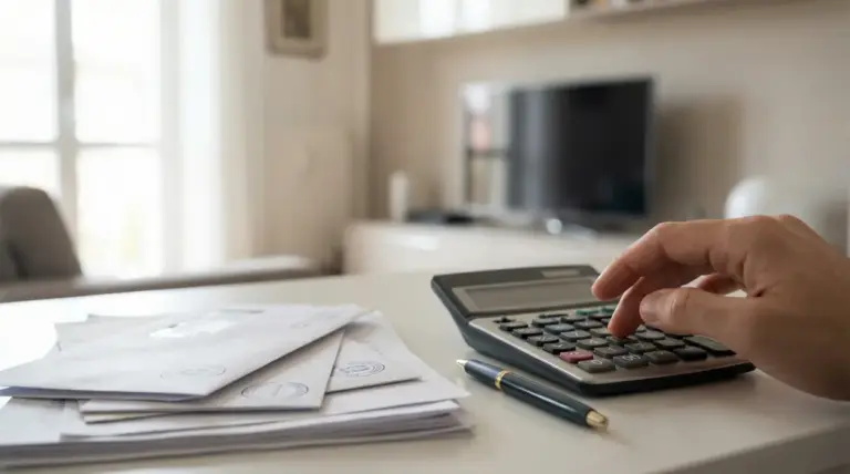 Mano che utilizza una calcolatrice accanto a bollette su un tavolo domestico