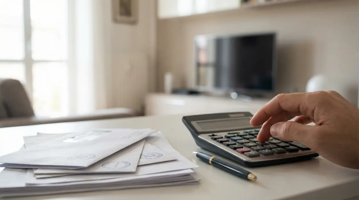 Mano che utilizza una calcolatrice accanto a bollette su un tavolo domestico