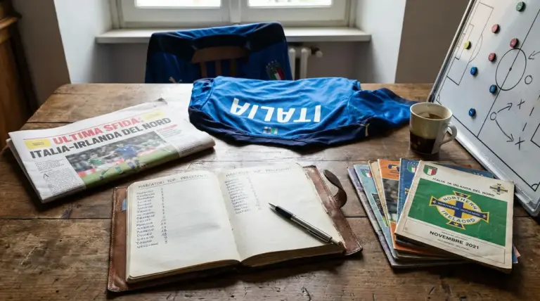Tavolo con giornale, taccuino, maglia Italia, tazzina e lavagna tattica su Italia-Irlanda del Nord