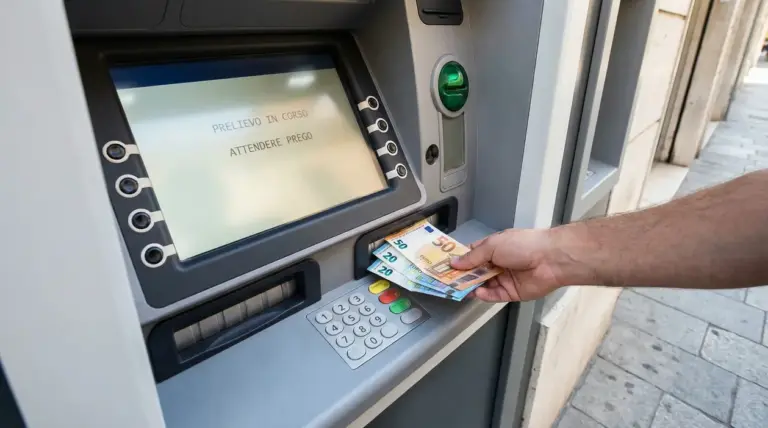 Persona preleva contanti da uno sportello bancomat in una zona urbana