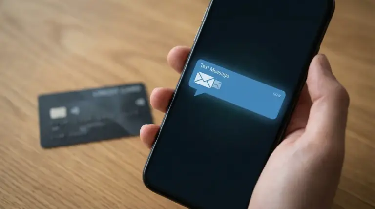 Una mano tiene uno smartphone con un messaggio ricevuto, su un tavolo una carta prepagata sfocata