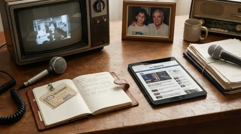 Scrivania con microfoni, taccuino, tablet con notizie RAI, foto incorniciata e TV d'epoca