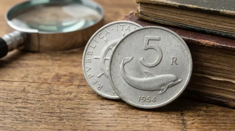 Moneta da 5 lire del 1954 con delfino su sfondo in legno accanto a lente e libri