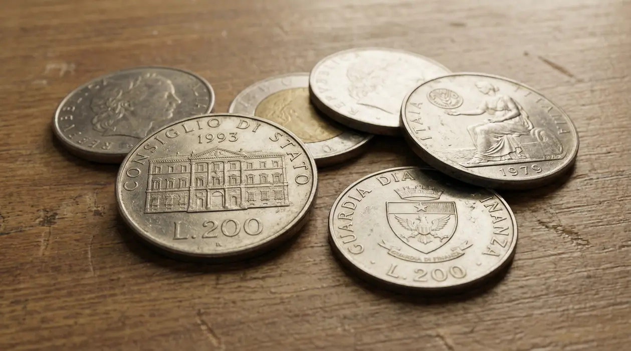 Vecchie monete italiane da 200 lire commemorative sparse su un tavolo di legno