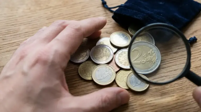Mano e lente d'ingrandimento che esaminano monete in euro su un tavolo di legno