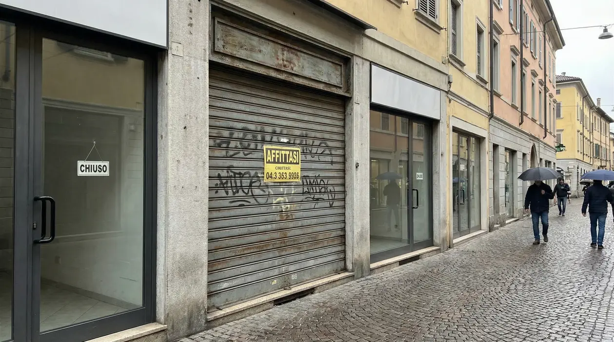 Serrande abbassate e locali vuoti in una via commerciale con cartelli di chiusura e affitto