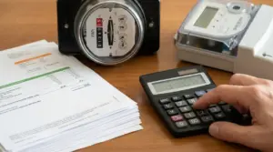 Una mano utilizza una calcolatrice vicino a contatori elettrici e bollette su un tavolo