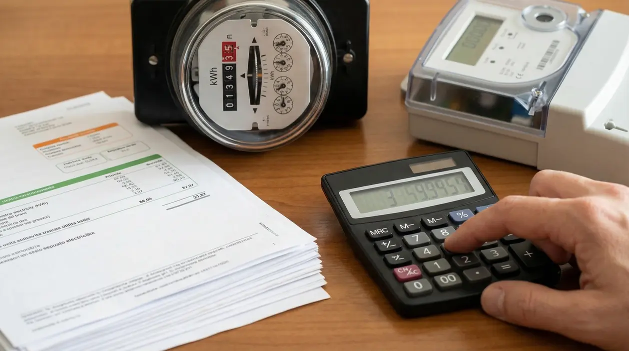 Una mano utilizza una calcolatrice vicino a contatori elettrici e bollette su un tavolo